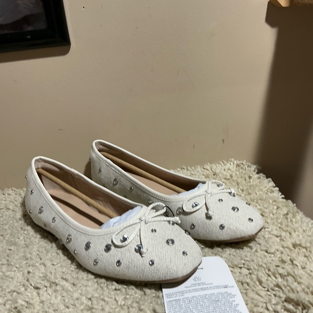 Boho Chic Cream Canvas Silver Crystal embellished ballet flats with bow